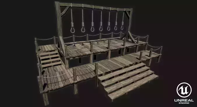 Low-poly PBR Gallows wooden swing set with ropes Low-poly 3D model