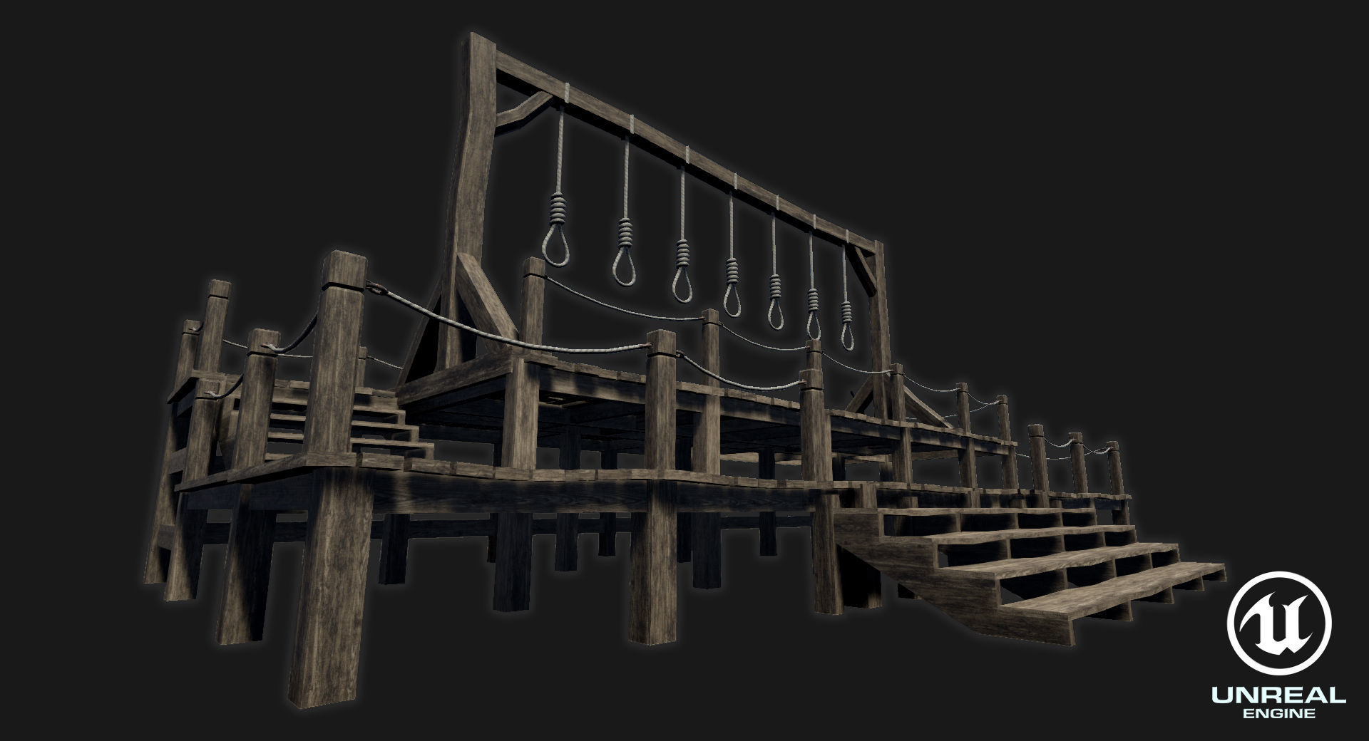 Low-poly PBR Gallows wooden swing set with ropes Low-poly 3D model_1