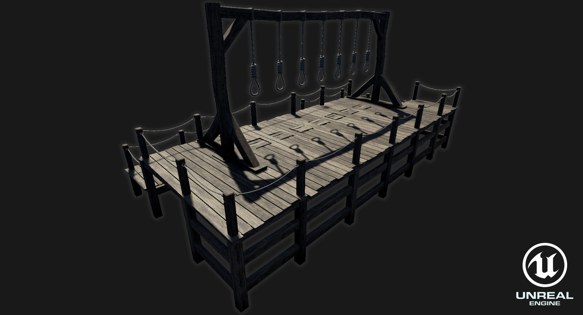 Low-poly PBR Gallows wooden swing set with ropes Low-poly 3D model_3