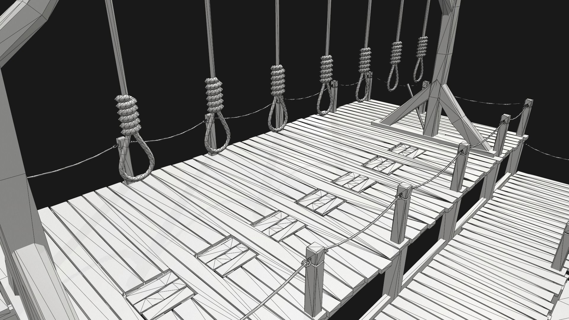 Low-poly PBR Gallows wooden swing set with ropes Low-poly 3D model_11