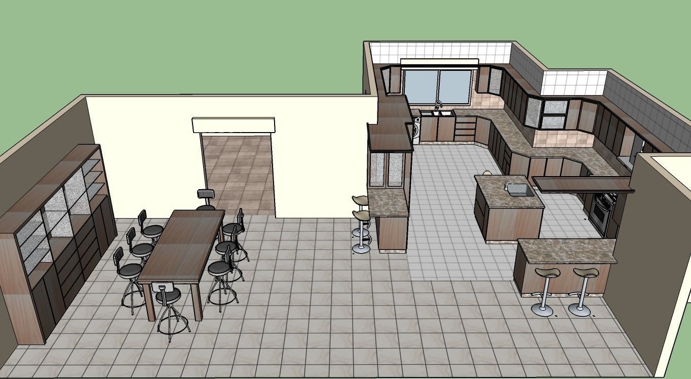 Kitchen with Dining room and terrace  3D model_3