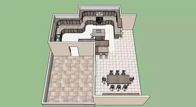 Kitchen with Dining room and terrace  3D model