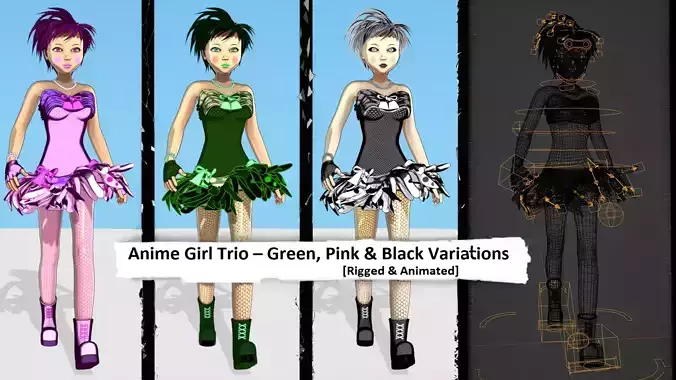 Anime Girl Trio Green Pink and Black Variations 3D model