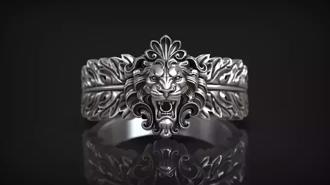 Lion Head Acanthus Leave Royal Heraldic Ring