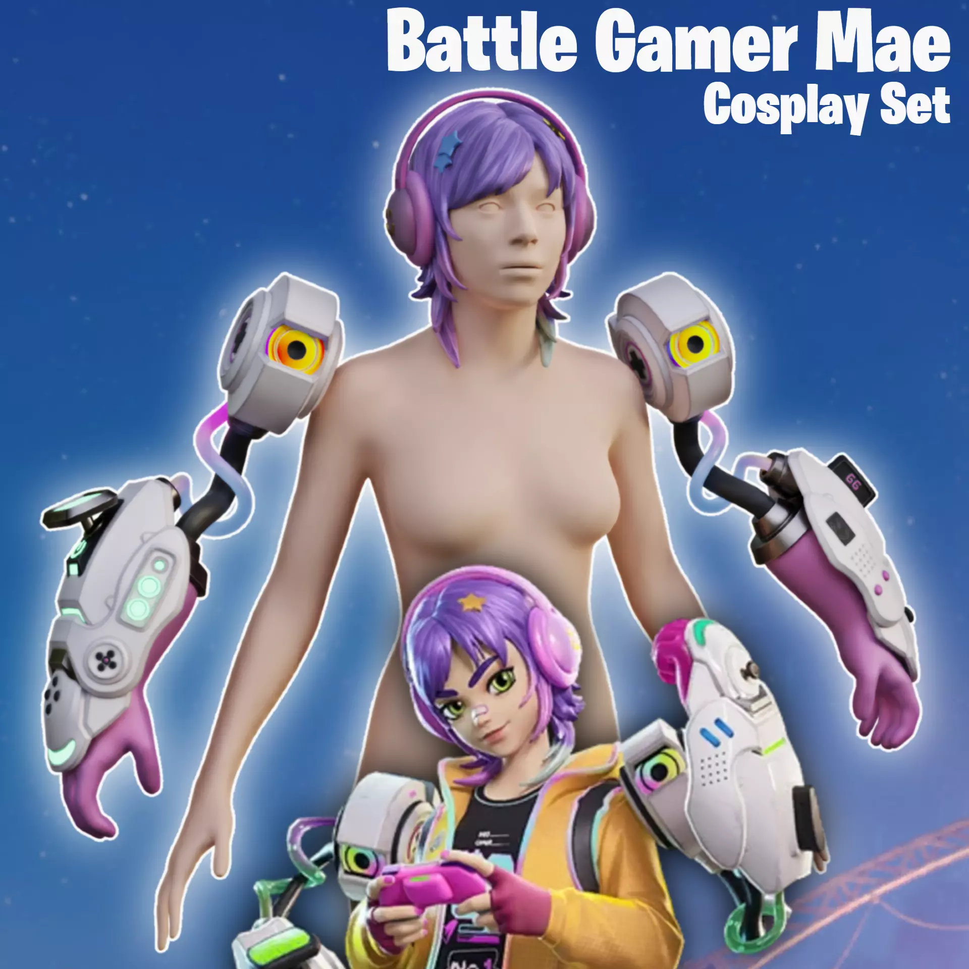 Battle Gamer Mae Cosplay Robotic Hands and Accessories Fortnite 3D print model