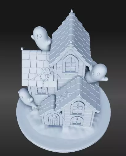 Cartoon Haunted House with Three Ghosts 3D print model_4