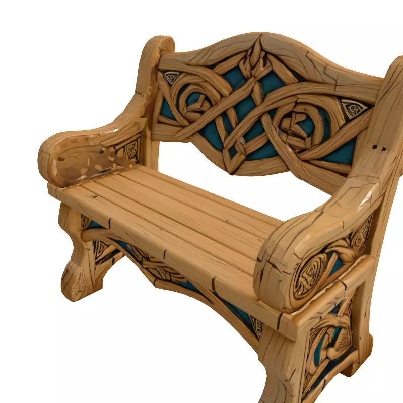Stylized Wooden Bench Celtic Design Low-poly 3D model_3