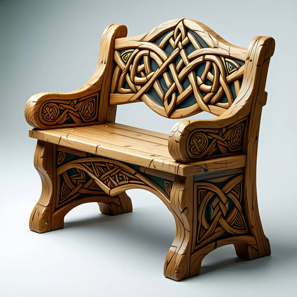 Stylized Wooden Bench Celtic Design Low-poly 3D model_0