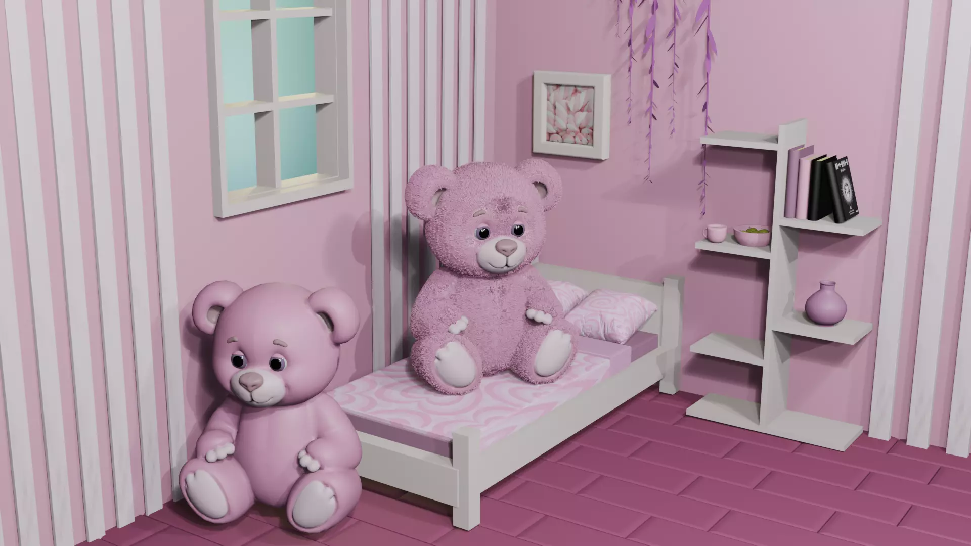 Cute Stylized Teddy Bear 3D Model with Fur Pink Low-poly 3D model_0