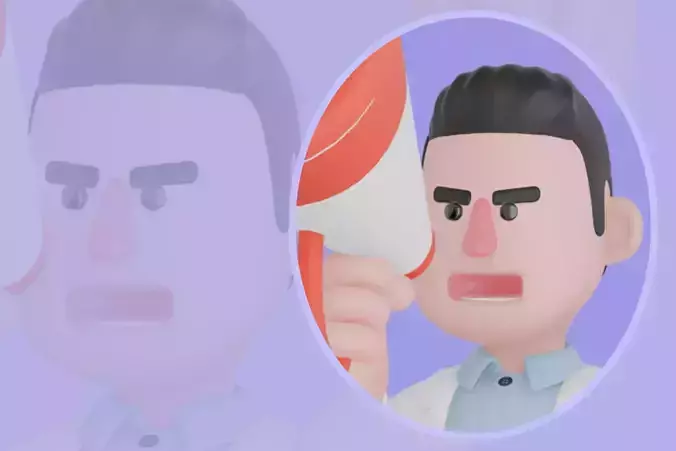 Stylized 3D Male Doctor Character with Megaphone and Pointing