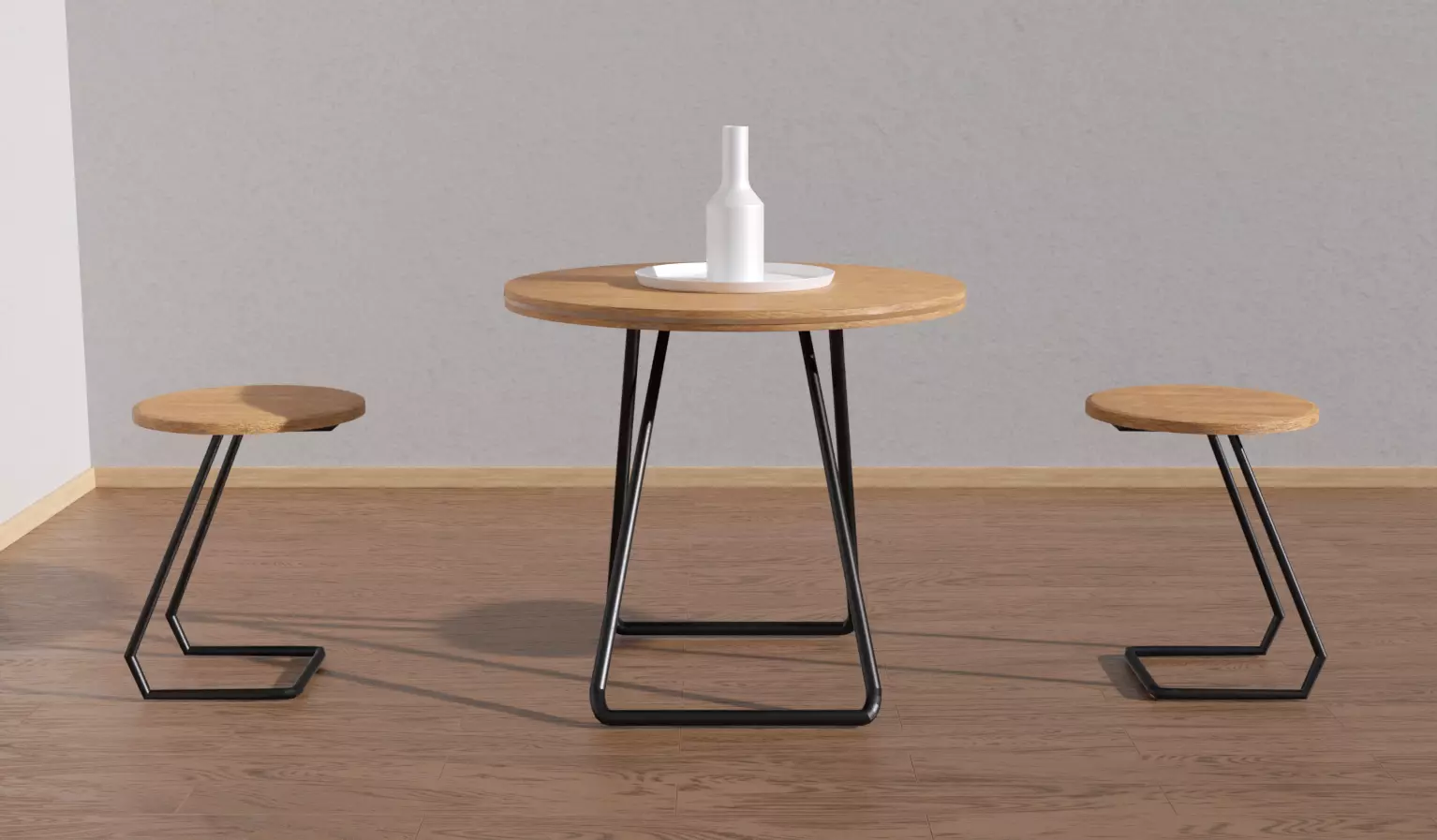 Round table and stool furniture set placed on wooden floor 3D model_1