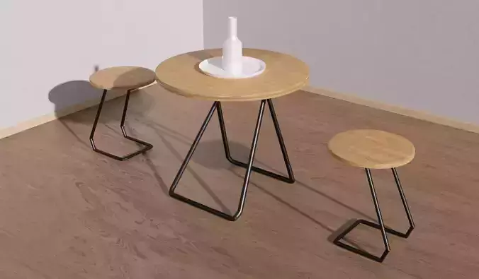 Round table and stool furniture set placed on wooden floor