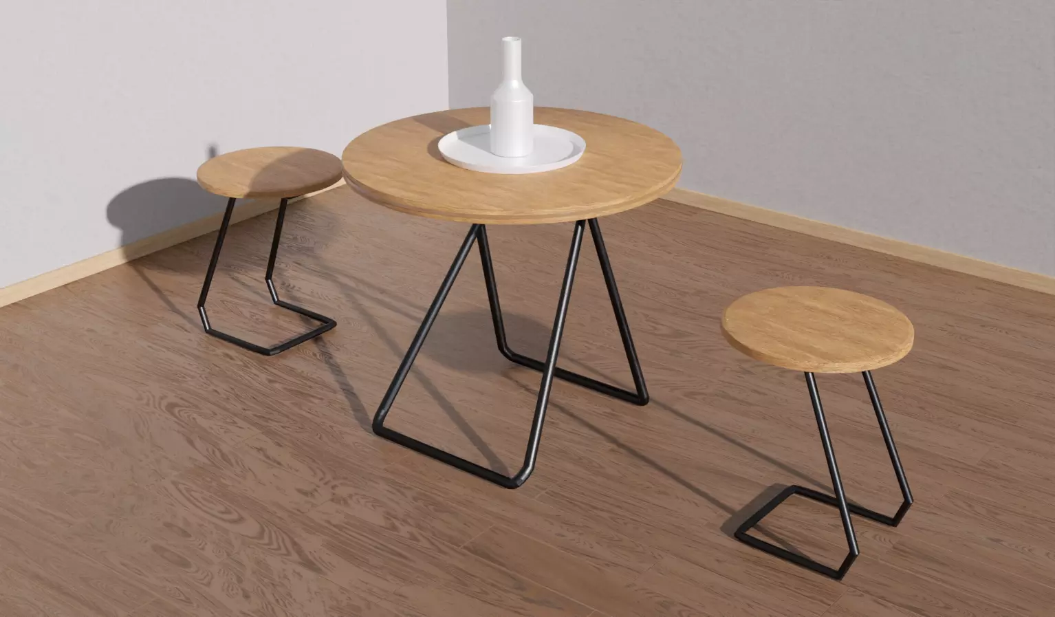 Round table and stool furniture set placed on wooden floor 3D model_0