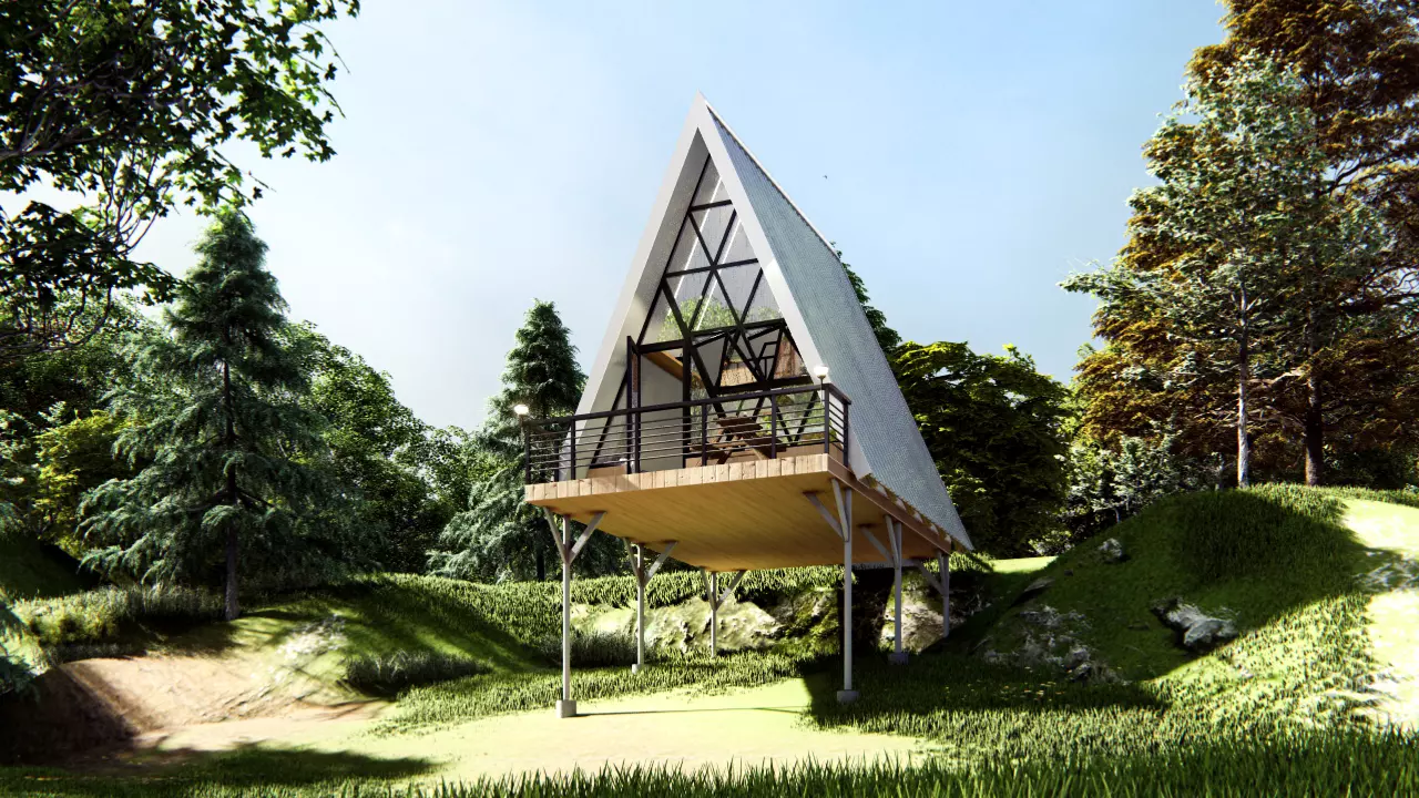 Loft A-Frame House Modern Cabin with Balcony 3D Model Low-poly 3D model_0