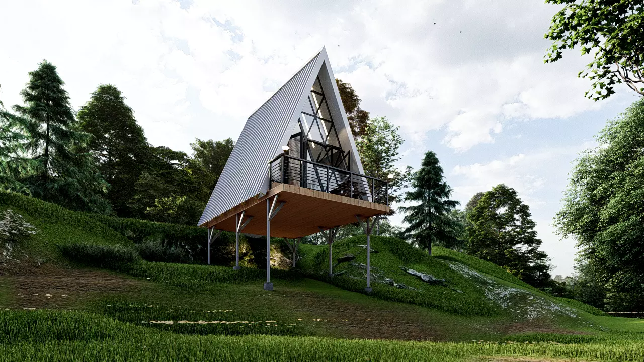 Loft A-Frame House Modern Cabin with Balcony 3D Model Low-poly 3D model_1