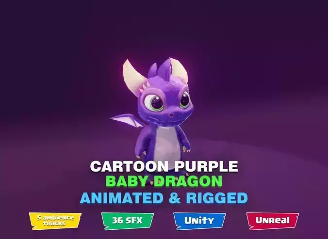 Purple Baby Dragon 3D Character with Audio Unity Unreal Ready