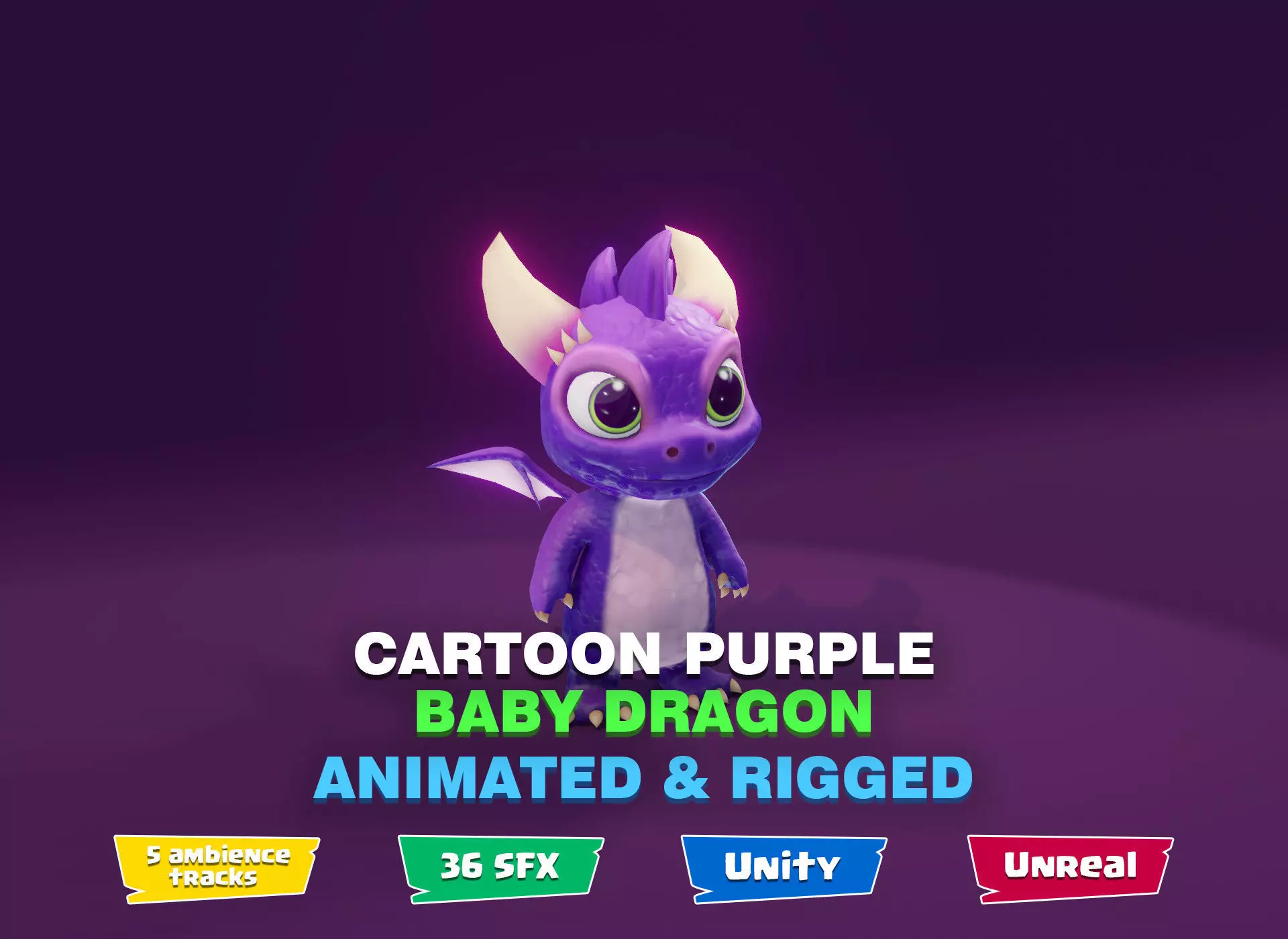 Purple Baby Dragon 3D Character with Audio Unity Unreal Ready Low-poly 3D model