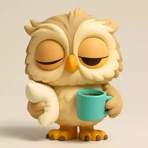 Sleepy owl with coffee