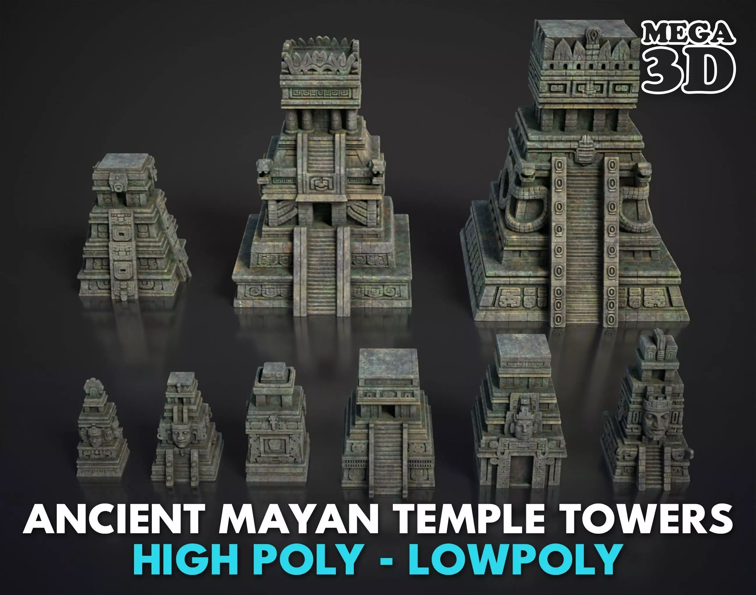 9 Ancient Mayan Temple Towers 3D Asset Pack 250814 Low-poly 3D model_0