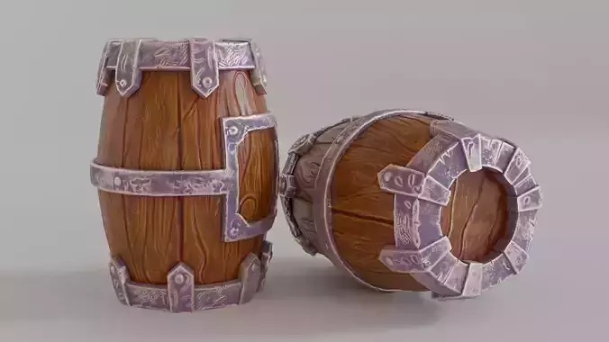 Stylized Wooden Barrel with Metal Reinforcements