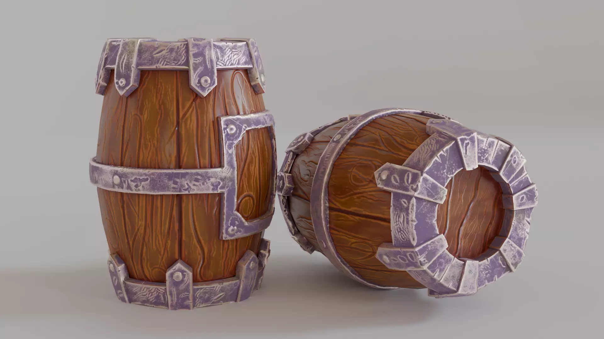 Stylized Wooden Barrel with Metal Reinforcements Low-poly 3D model_0