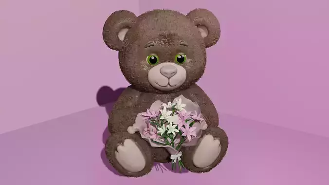 Cute Stylized Teddy Bear 3D Model with Fur Brown