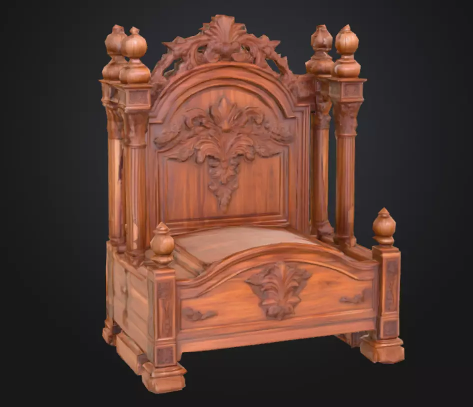 Ornate Carved Wooden Idol Throne Antique Low-poly 3D model_3