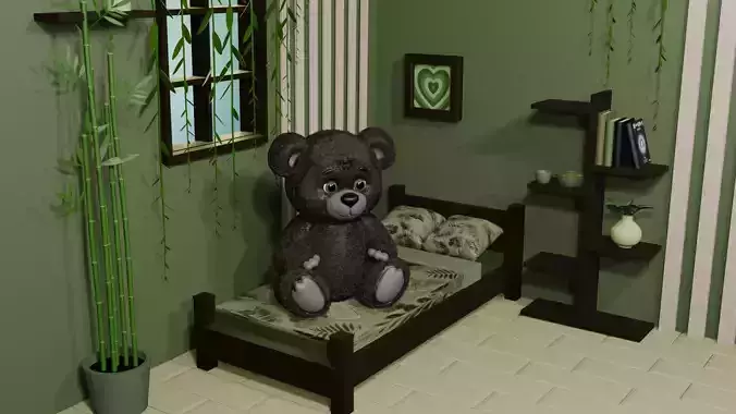 Cute Stylized Teddy Bear 3D Model with Fur Black