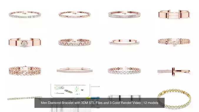Men Diamond Bracelet with 3DM STL Files and 3 Color Render Video 3D Model Collection