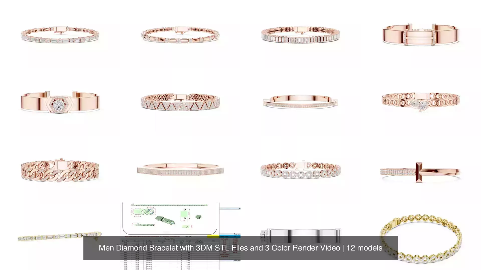 Men Diamond Bracelet with 3DM STL Files and 3 Color Render Video 3D Model Collection_0
