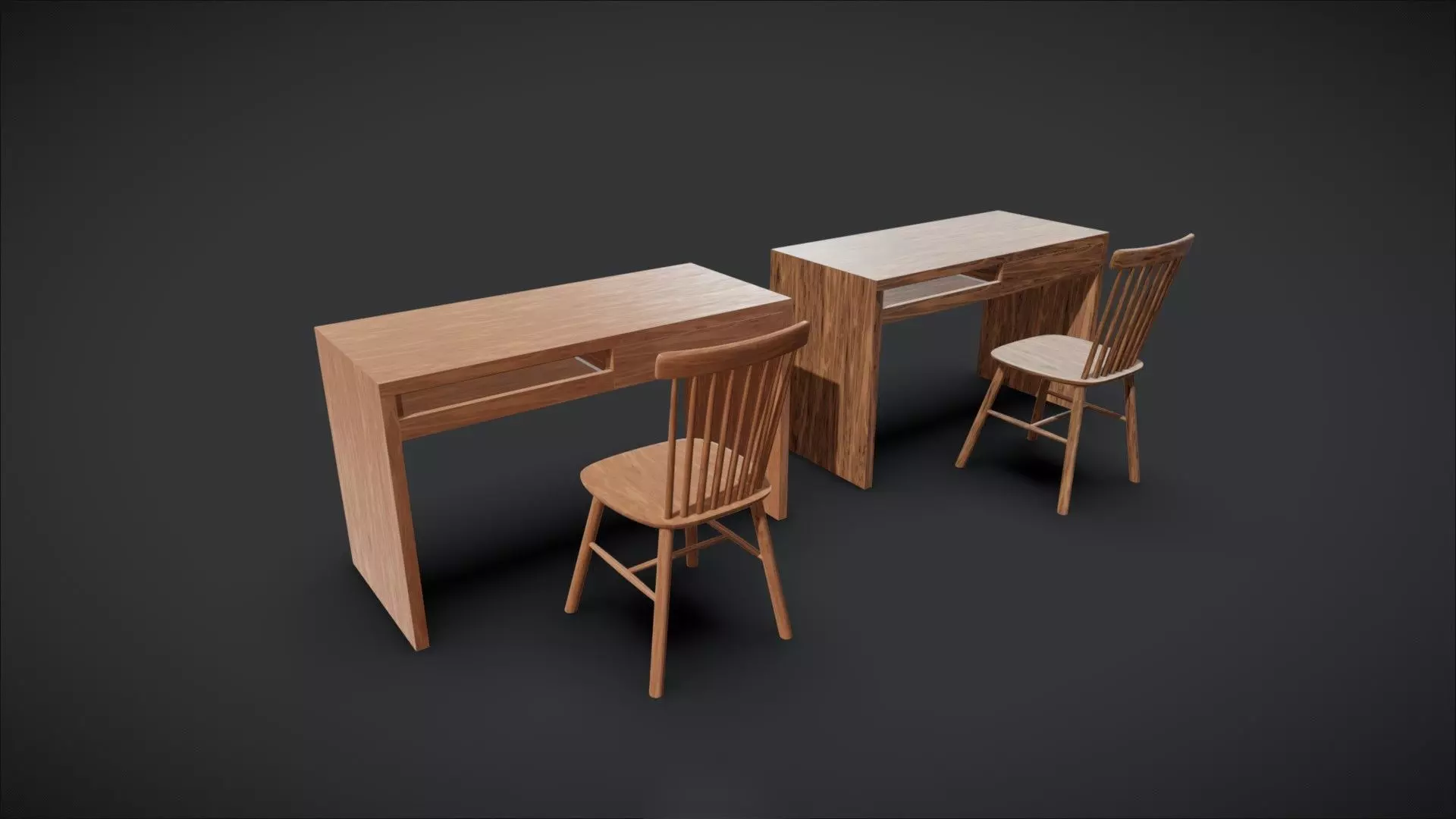 Wood Desk And Chair 3D model_2