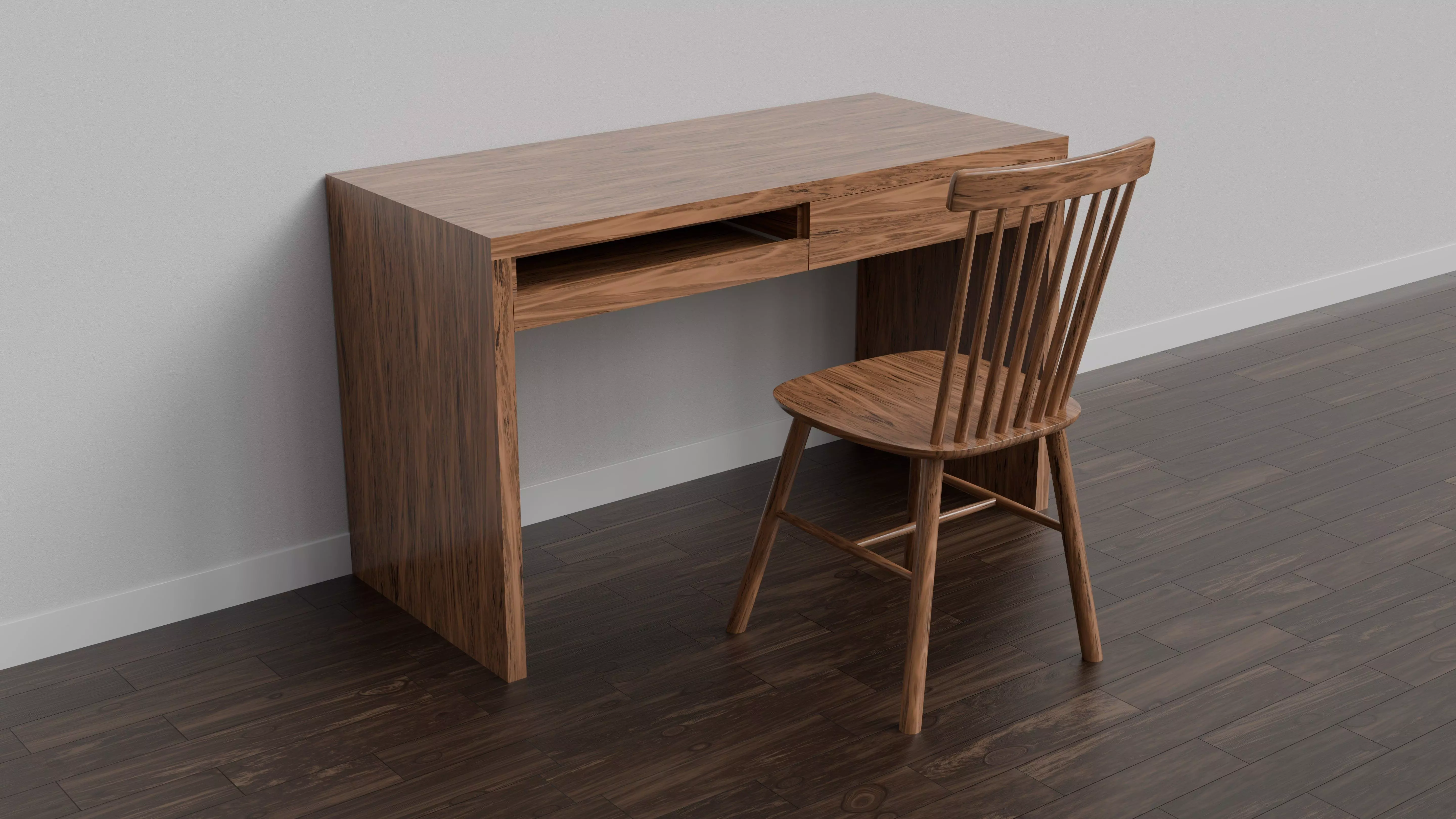 Wood Desk And Chair 3D model_1