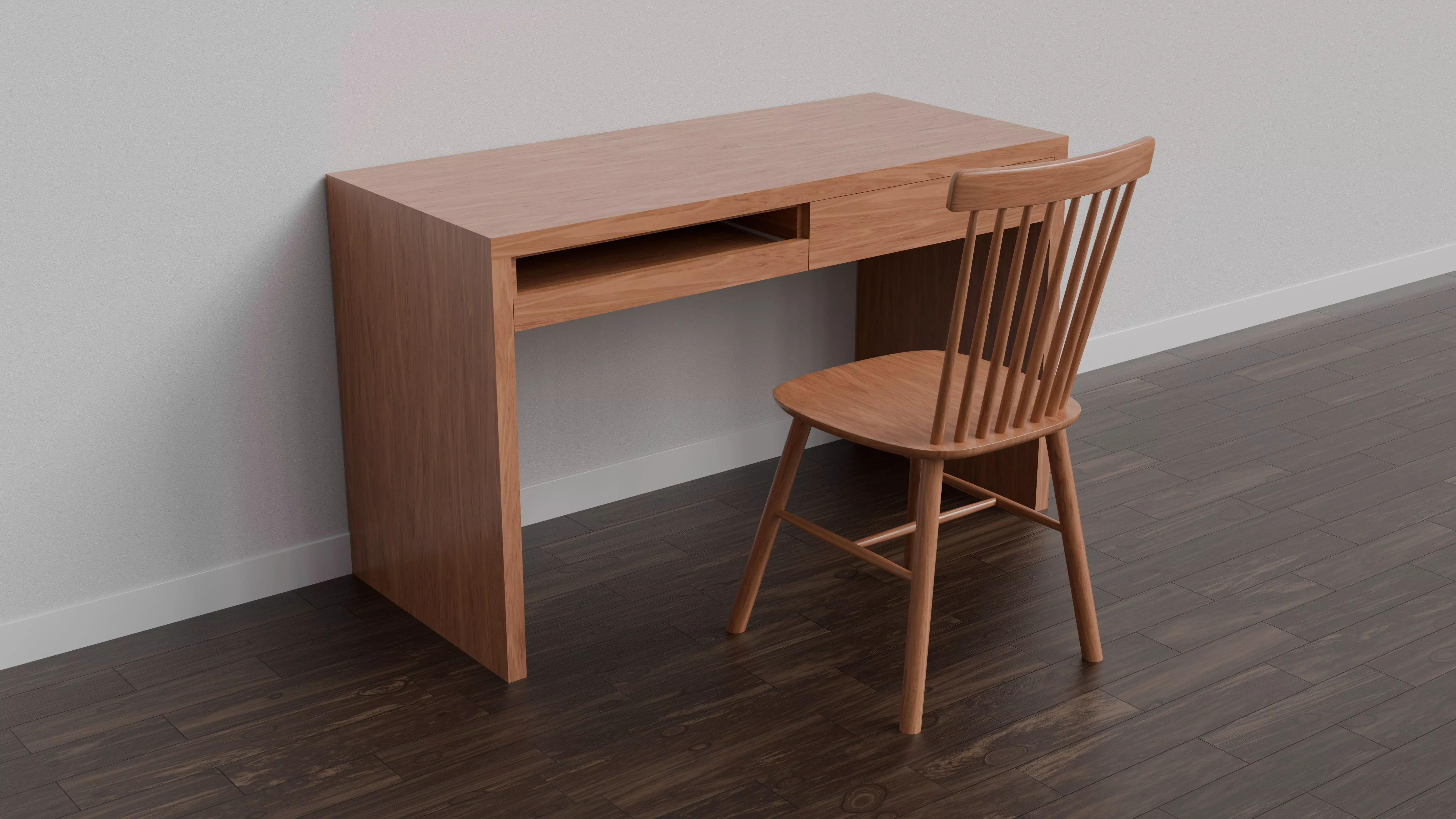Wood Desk And Chair 3D model_0
