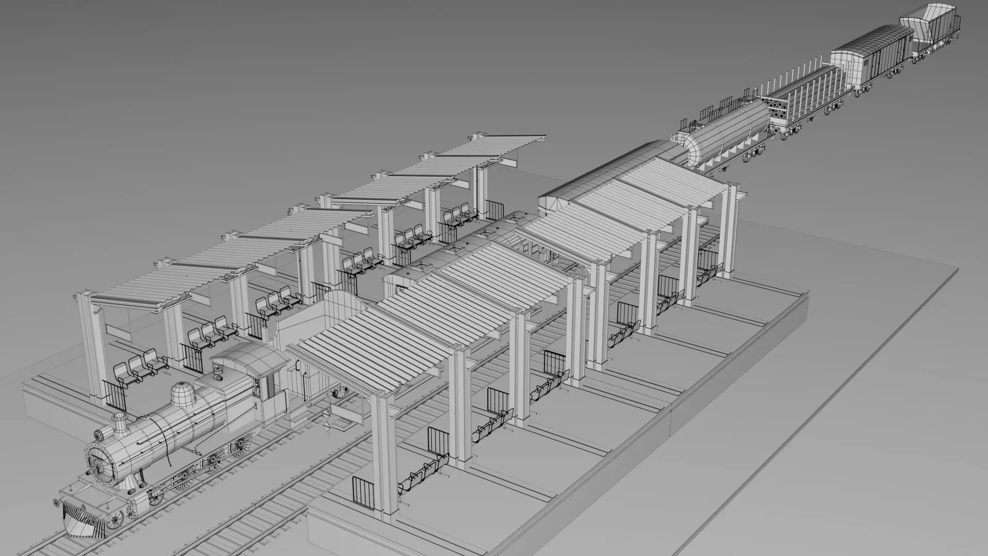 Vintage Steam Train Engine Station with Interior Low-poly 3D model_3