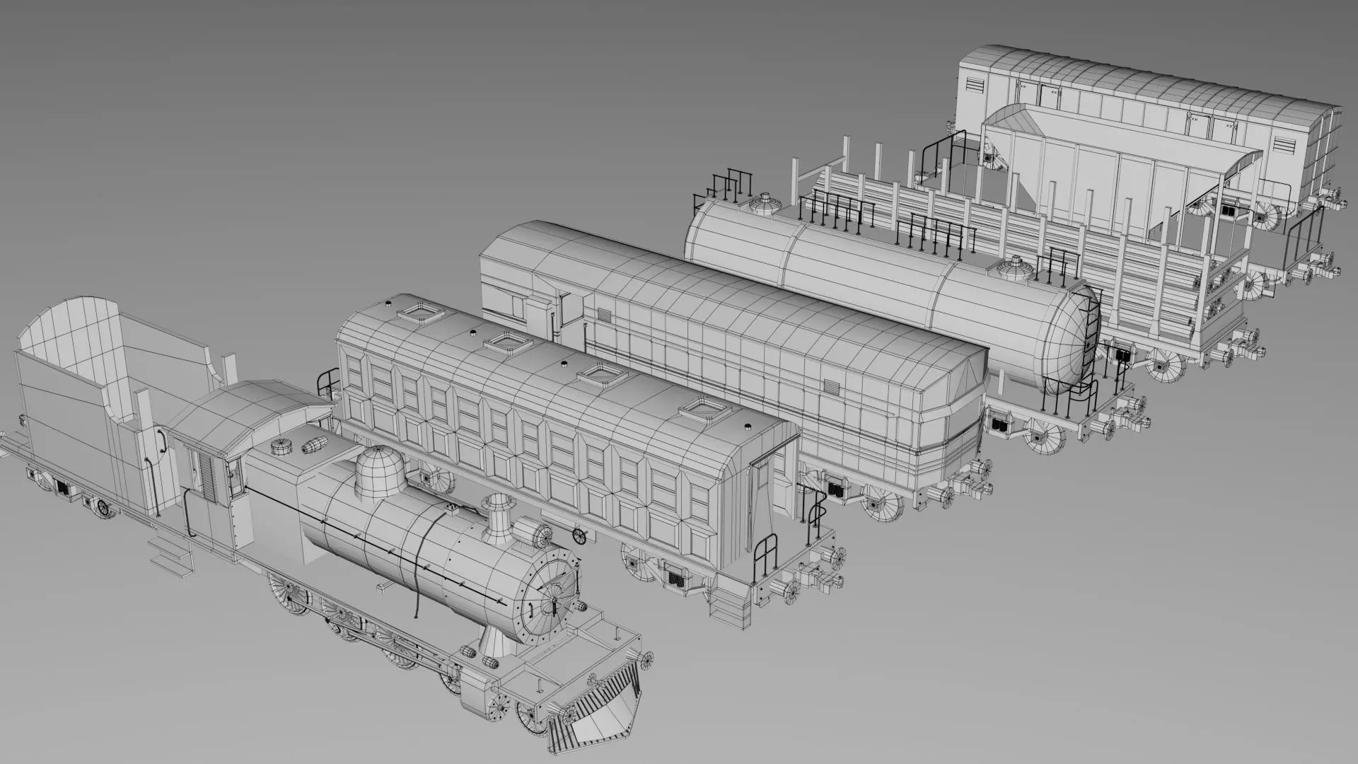 Vintage Steam Train Engine Station with Interior Low-poly 3D model_5