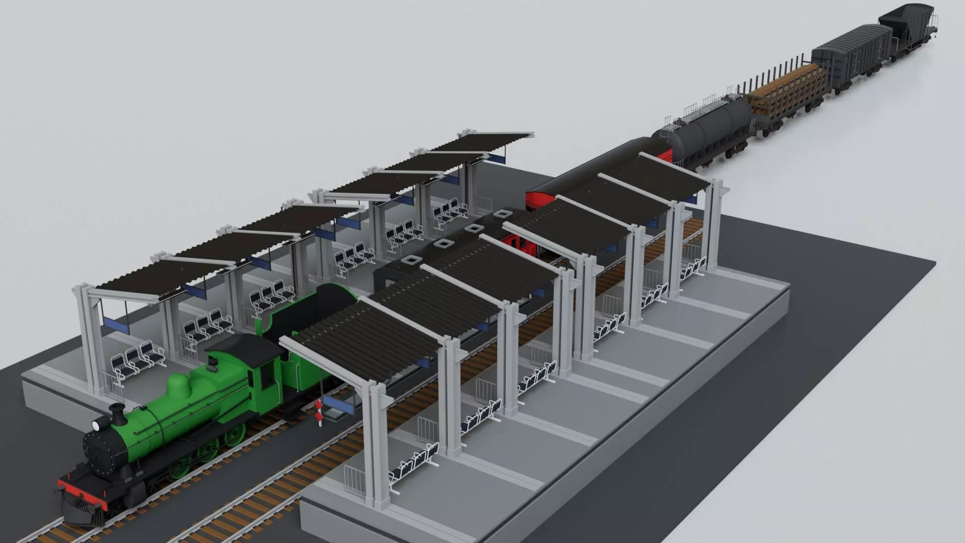 Vintage Steam Train Engine Station with Interior Low-poly 3D model_2