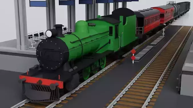 Vintage Steam Train Engine Station with Interior Low-poly 3D model