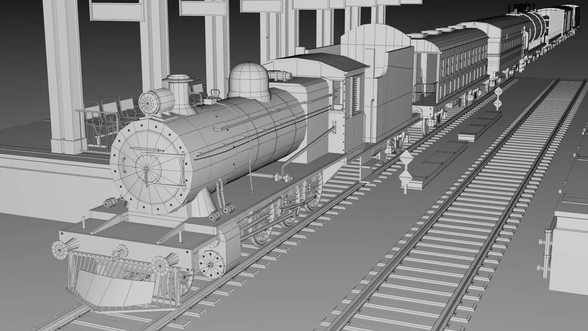Vintage Steam Train Engine Station with Interior Low-poly 3D model_1