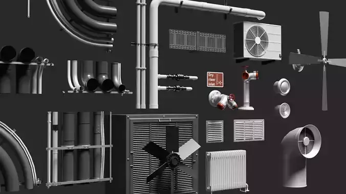 HVAC and Ventilation Modular Pack 22 Models Pipes Fans and Vents Low-poly 3D model