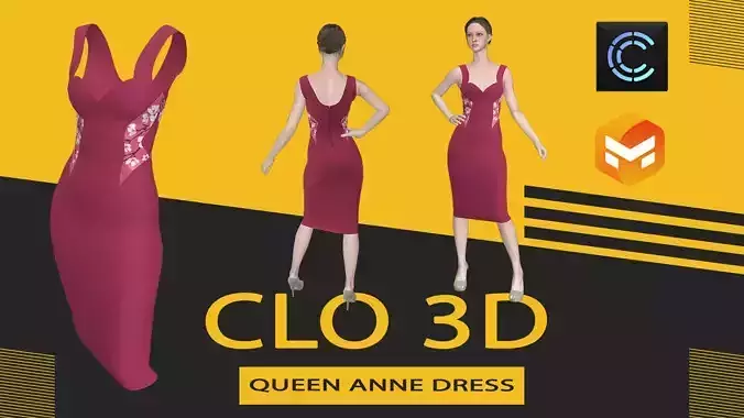 Queen Anne dress Marvelous Designer or Clo3D ZPRJ 3D model