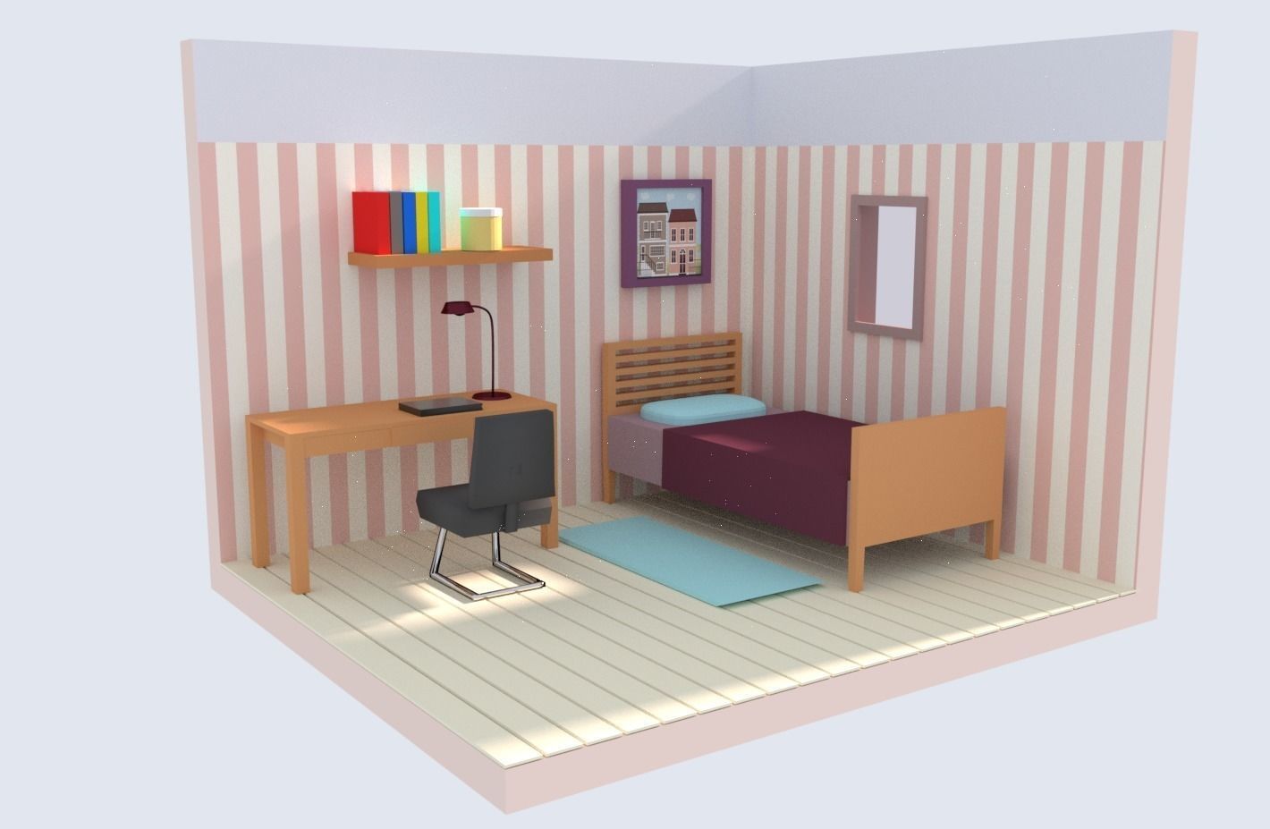 Bedroom LowPoly room with bed and desk Low-poly 3D model_0
