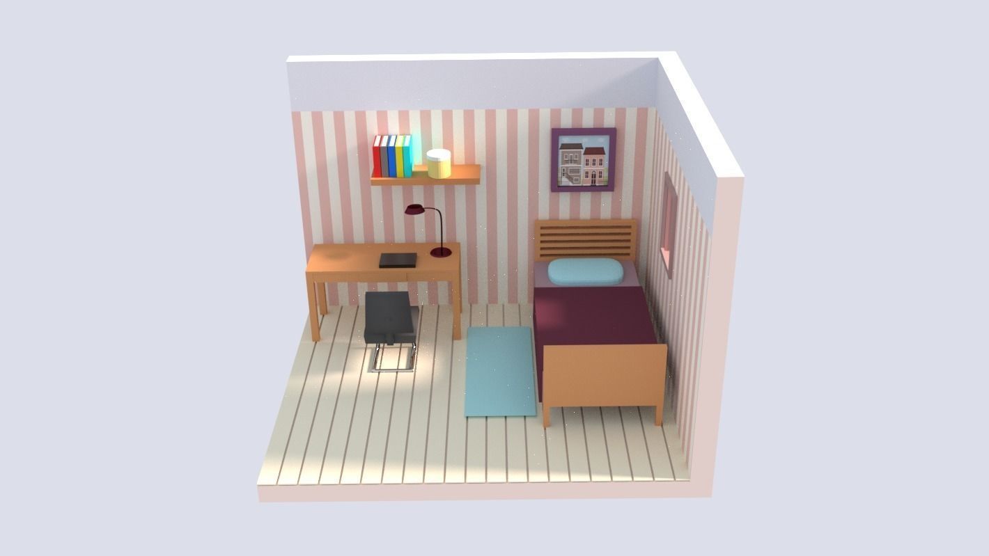Bedroom LowPoly room with bed and desk Low-poly 3D model_3