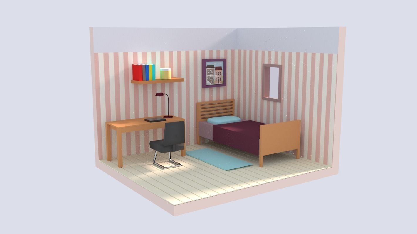 Bedroom LowPoly room with bed and desk Low-poly 3D model_2