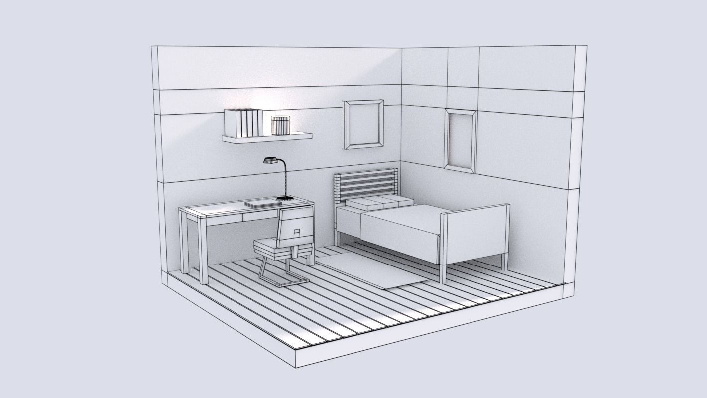 Bedroom LowPoly room with bed and desk Low-poly 3D model_5