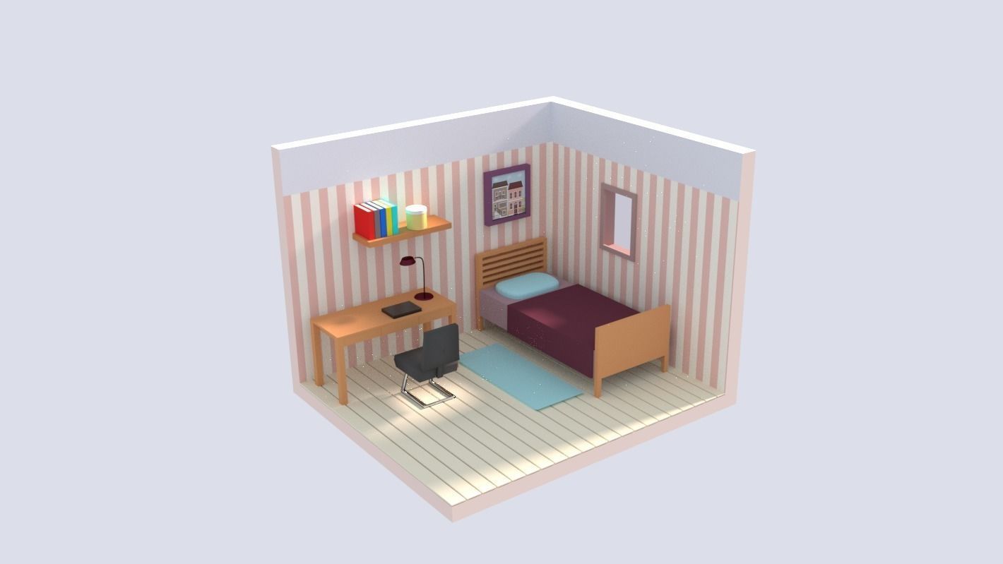 Bedroom LowPoly room with bed and desk Low-poly 3D model_1