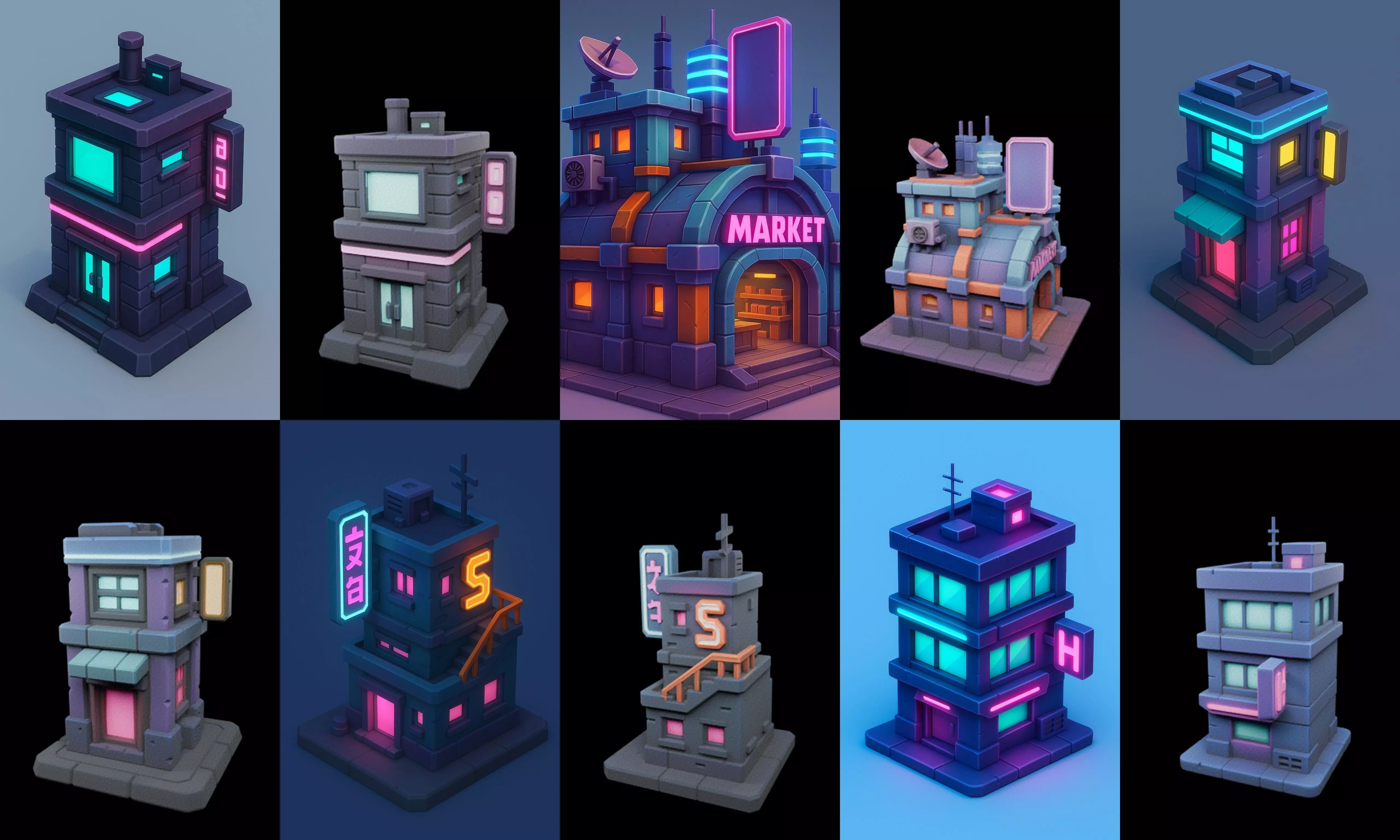 Super Market House Shop bundle 9 pack 100 glb 3D model_0