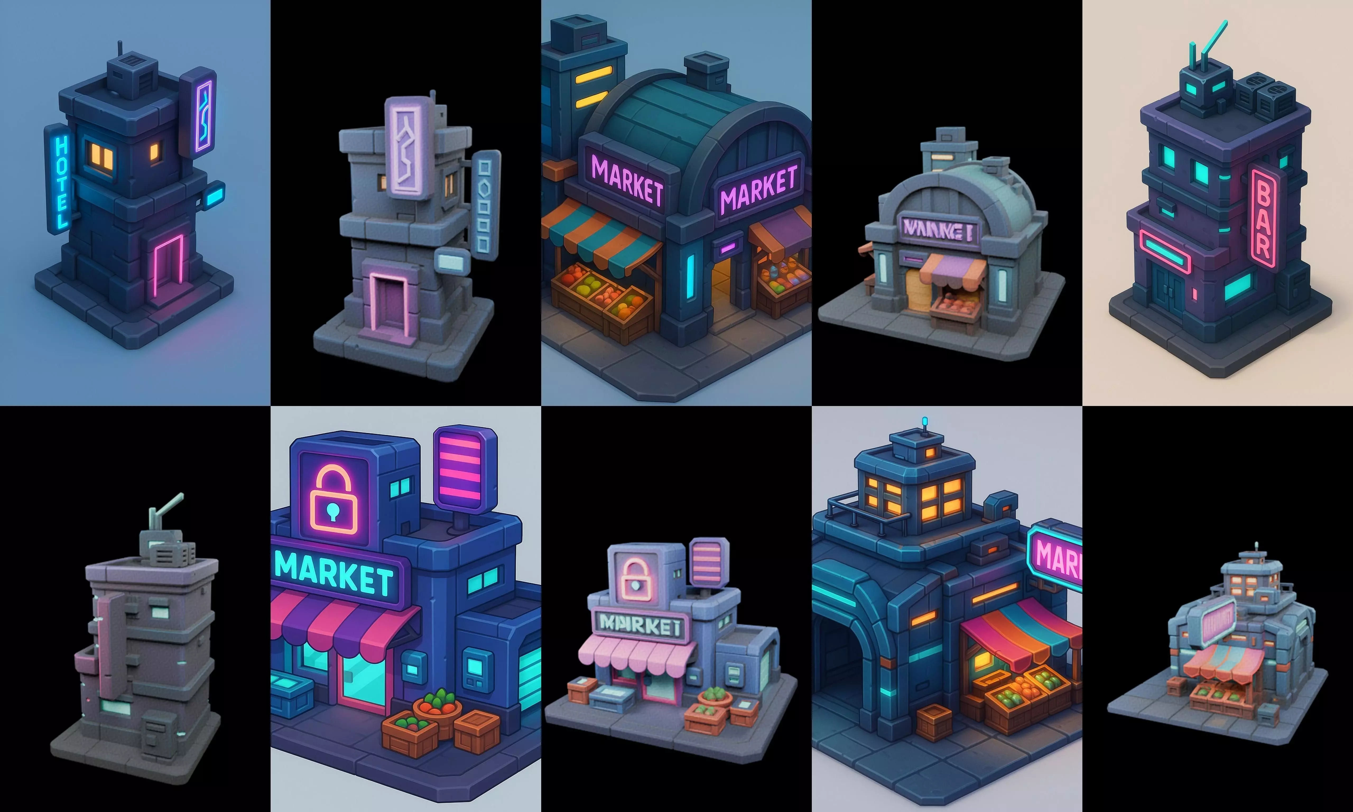 Super Market House Shop bundle 4 pack 100 glb 3D model_10