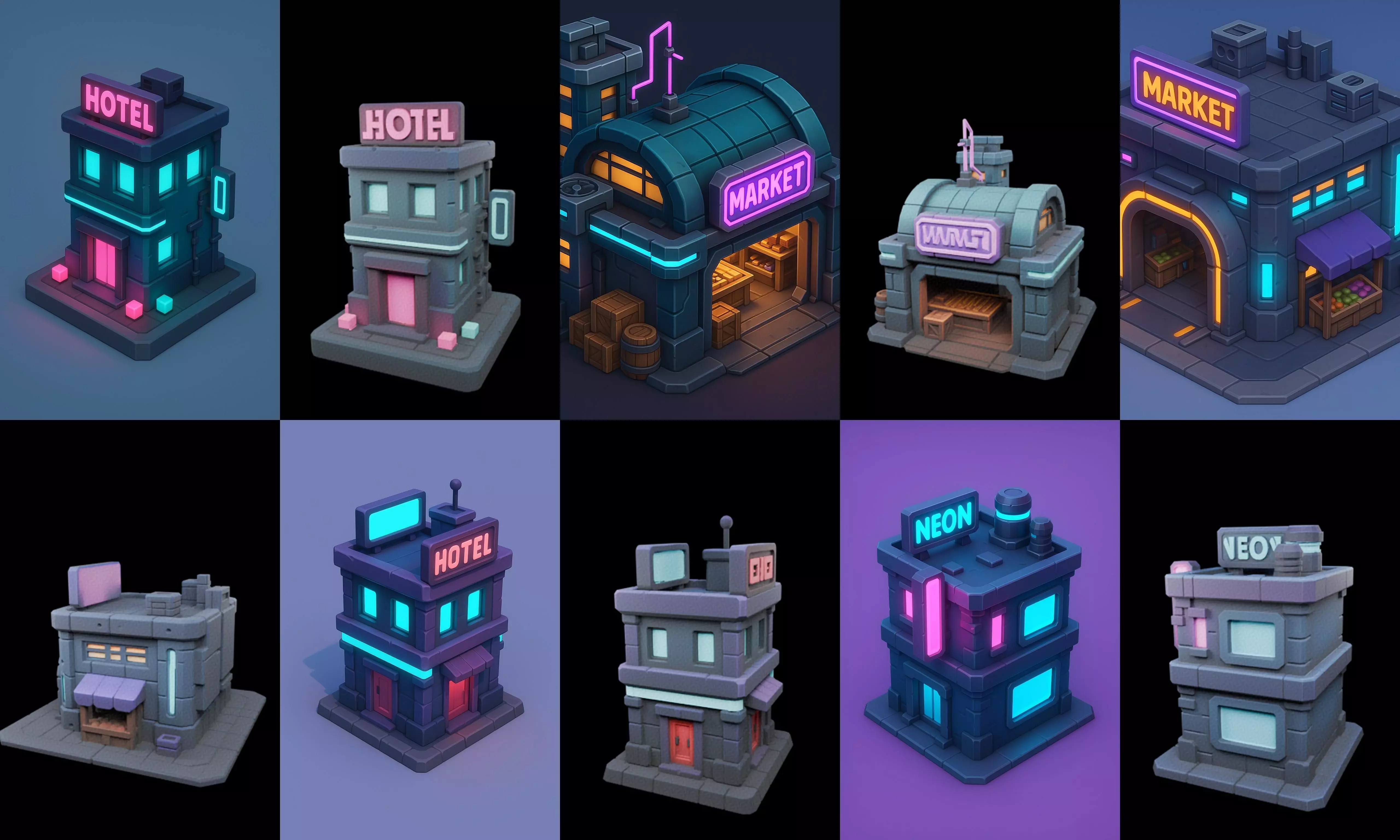 Super Market House Shop bundle 4 pack 100 glb 3D model_3