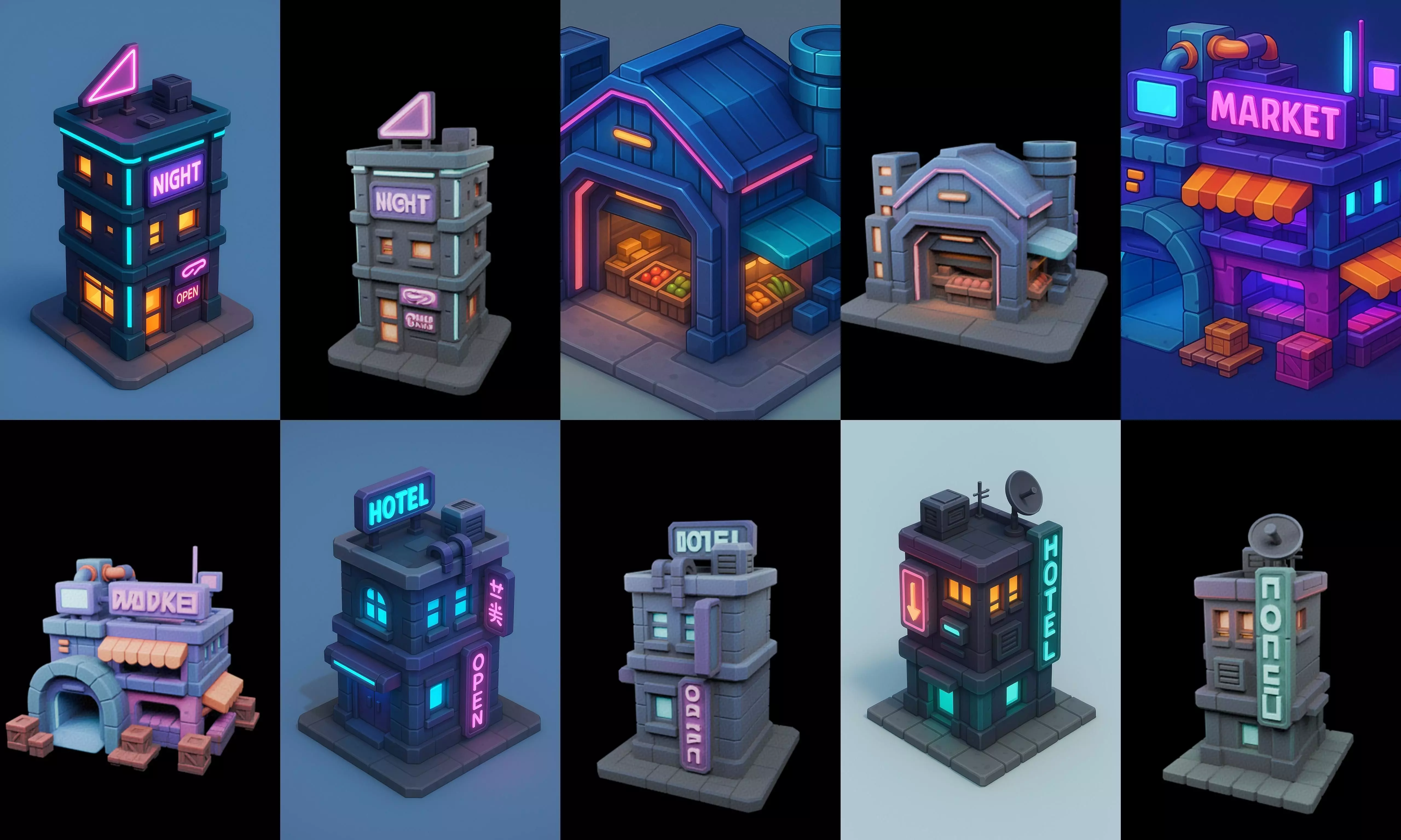 Super Market House Shop bundle 4 pack 100 glb 3D model_5