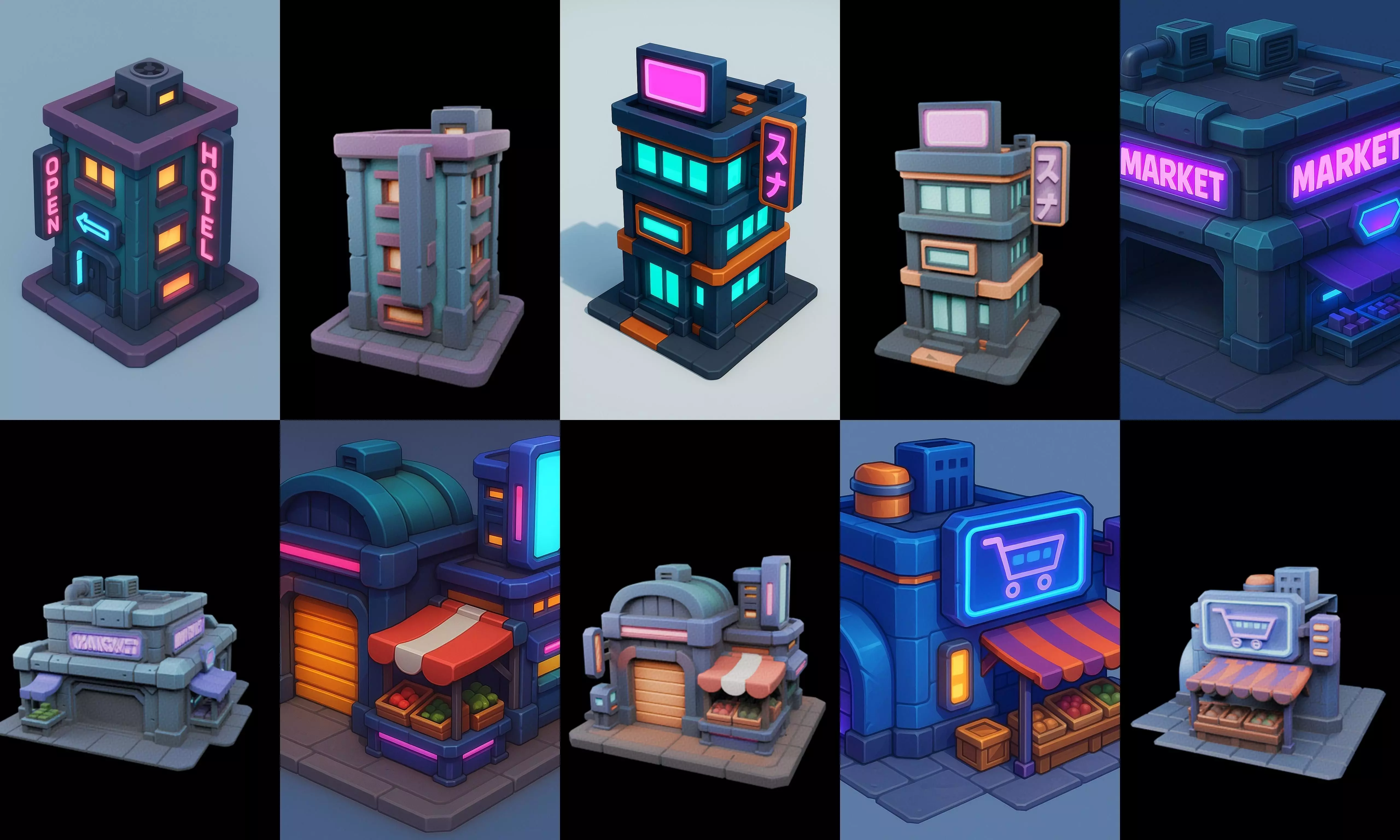 Super Market House Shop bundle 4 pack 100 glb 3D model_0